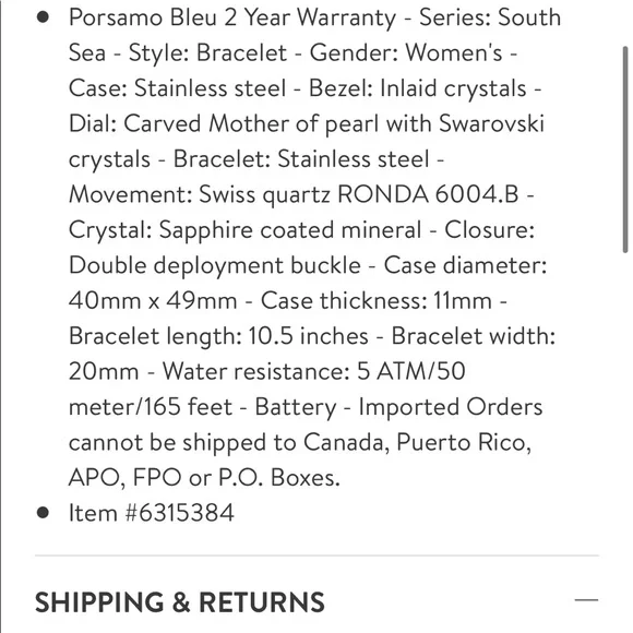 Women's South Sea Swarovski Crystal Bracelet Watch, 40mm PORSAMO BLEU - Picture 8 of 13